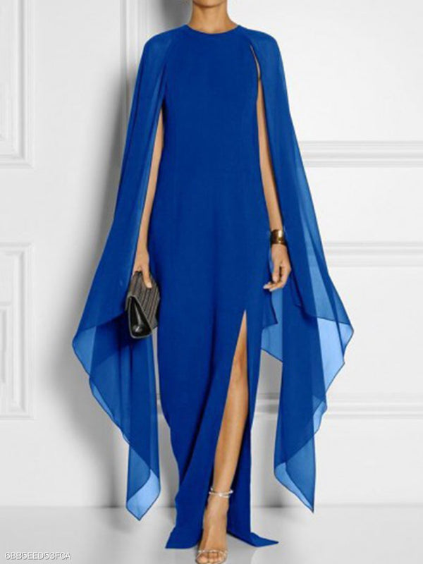 Cape Sleeve High Slit Plain Chiffon Maxi Dress