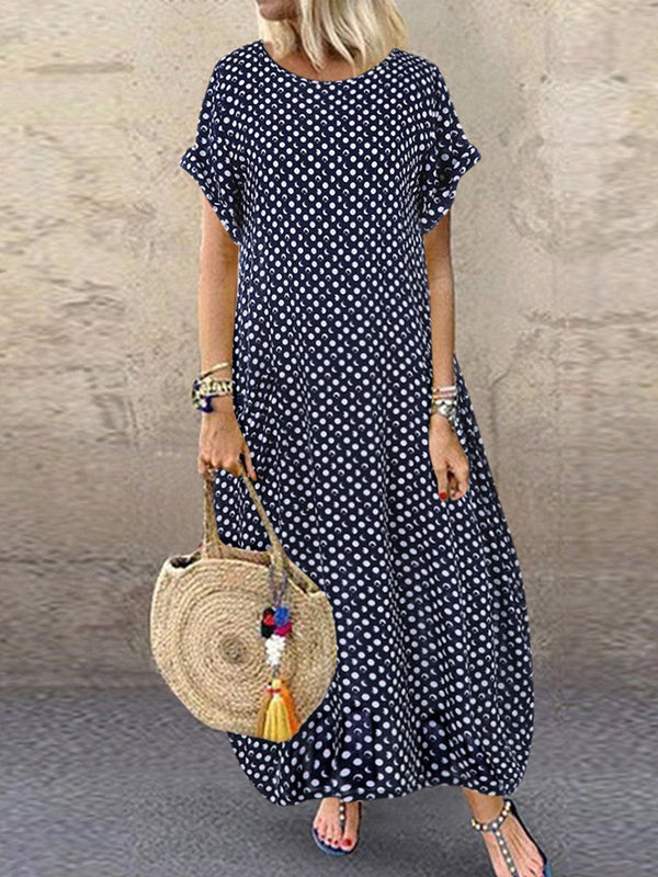 Printed Polka Dots Short Sleeve Crew Neck Maxi Dresses