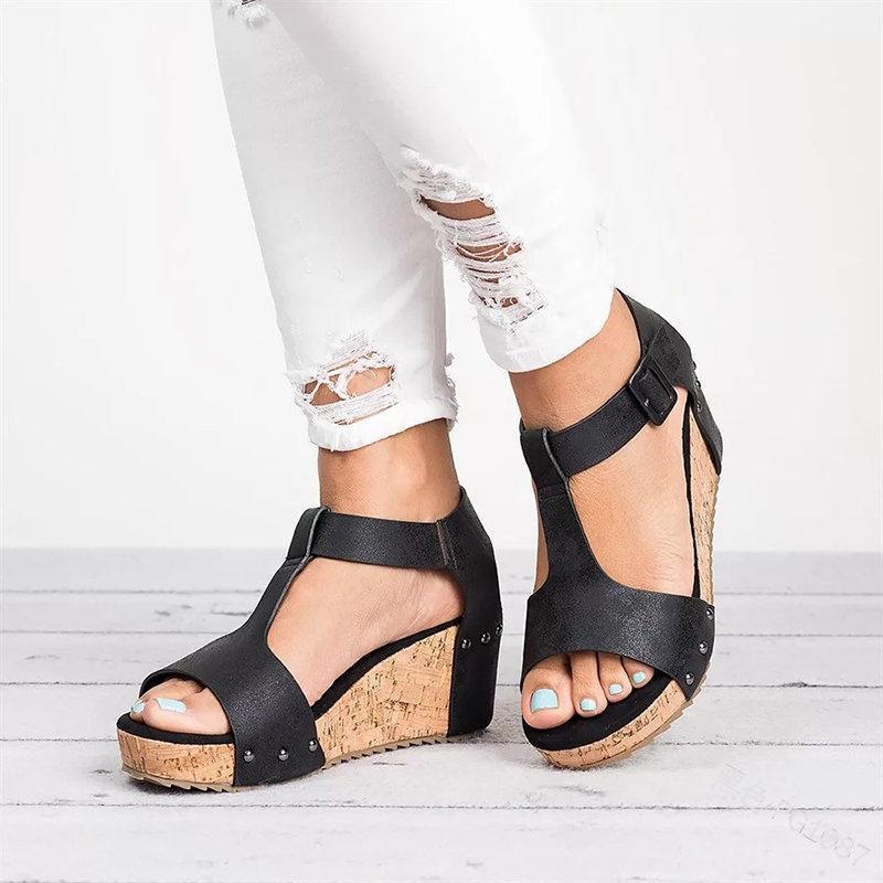 Peep Toe Buckle Strap Wedge Heel Sandals