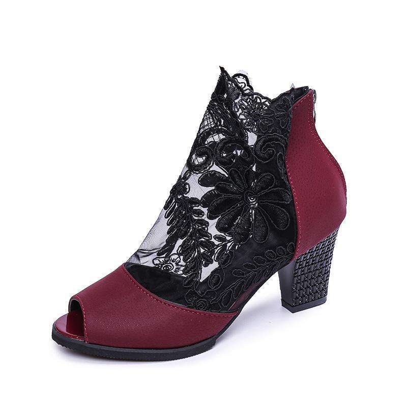 Women Fashion Net Yarn Spliced Peep Toe Sandals Pumps