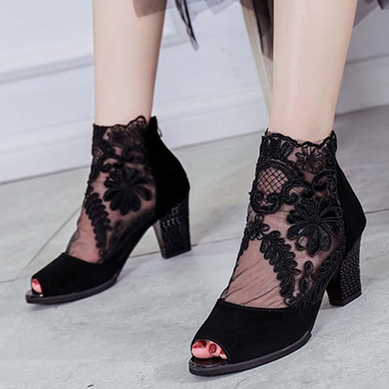 Women Fashion Net Yarn Spliced Peep Toe Sandals Pumps