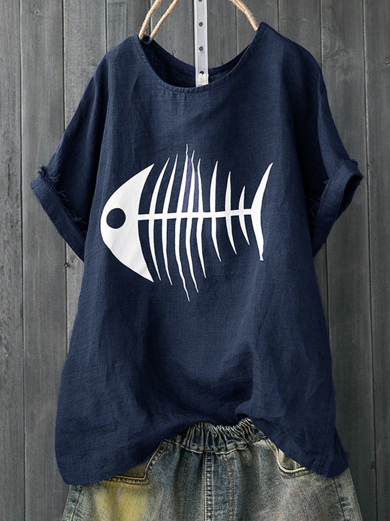 Plus Size Fish Bone Print Casual Women Summer T-shirts