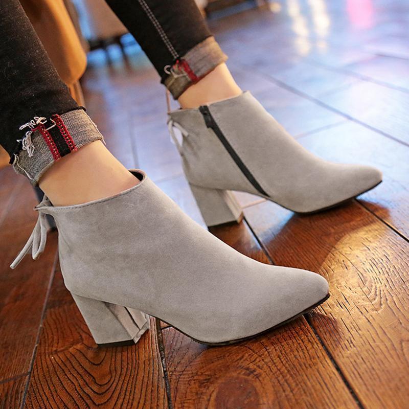 Women Fashion Nubuck Leather Ankle Height Pointed Toe Boots Pumps