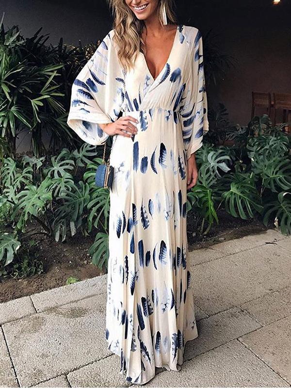 Women Feather Print Maxi Dresses White Holiday Dresses