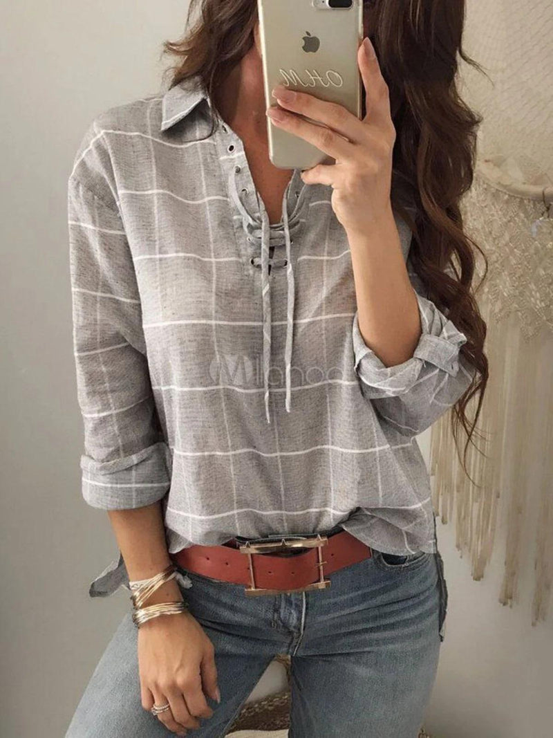 Women Khaki Shirt Collar Geometric Cotton Casual Shirts & Tops