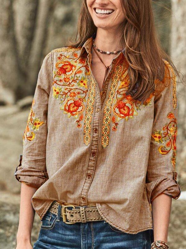 Women's Plus Size Embroidery Buttoned Casual Shirt Collar Tops