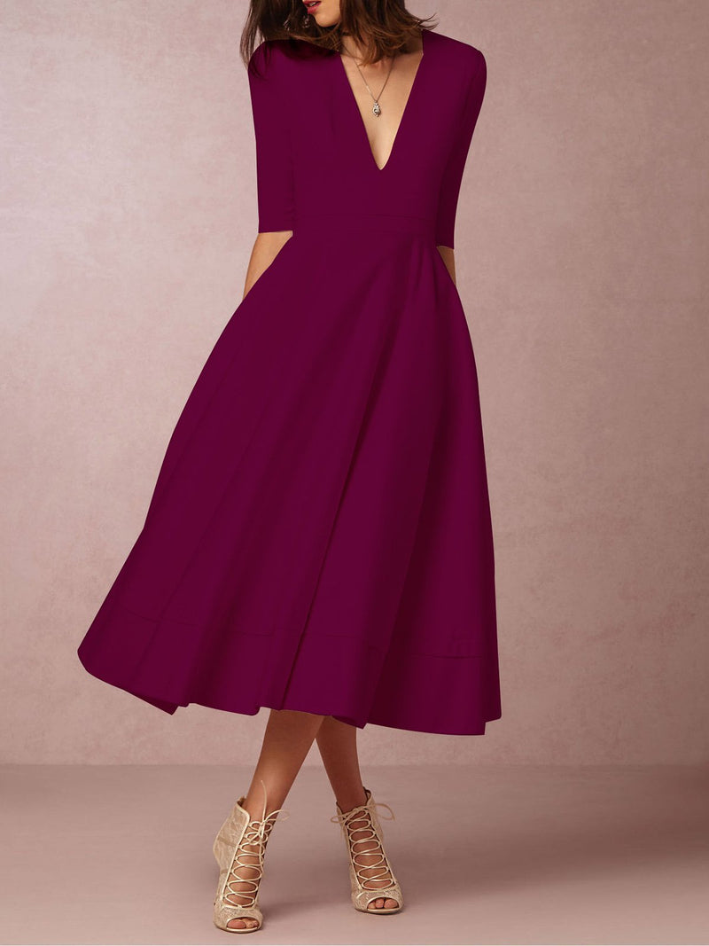 Deep V-Neck Solid Elegant Dress