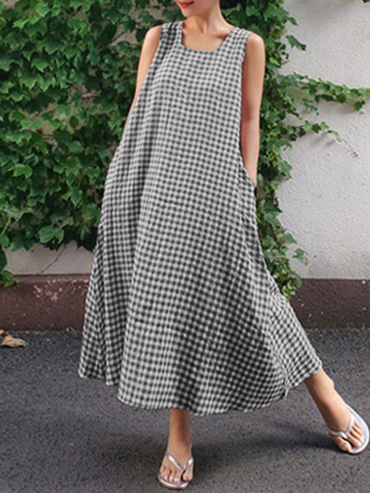 Casual Square Neck Cocoon Plaid Dress