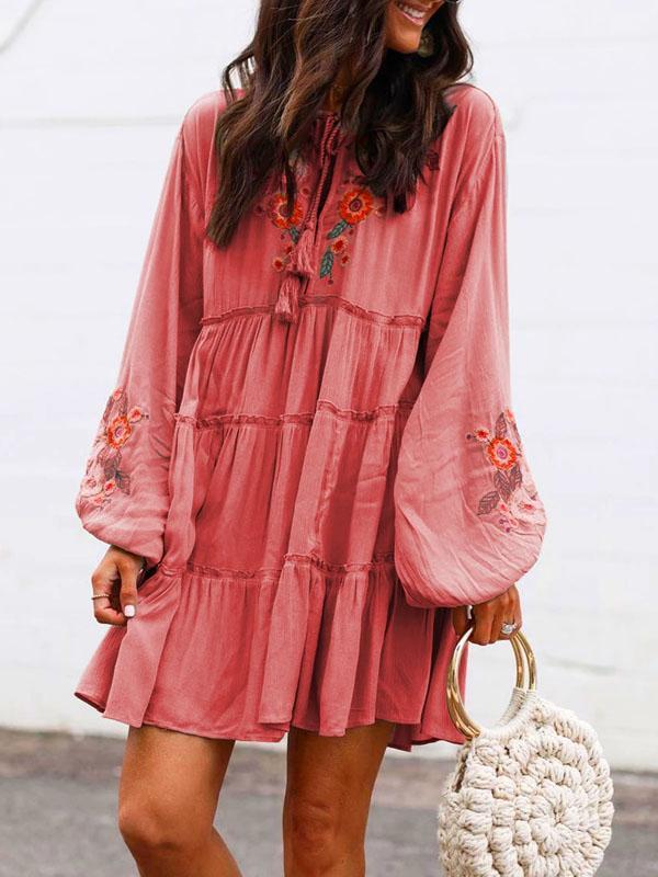 Plus Size Long Sleeve Floral Tassel Charm Elegant Casual Mini Dresses