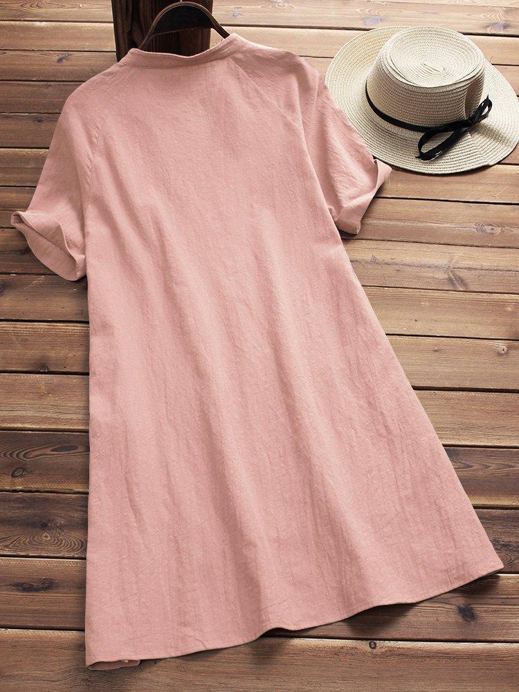 Stand Collar High Low Women Short Sleeve Casual Slit Solid Casual Dress