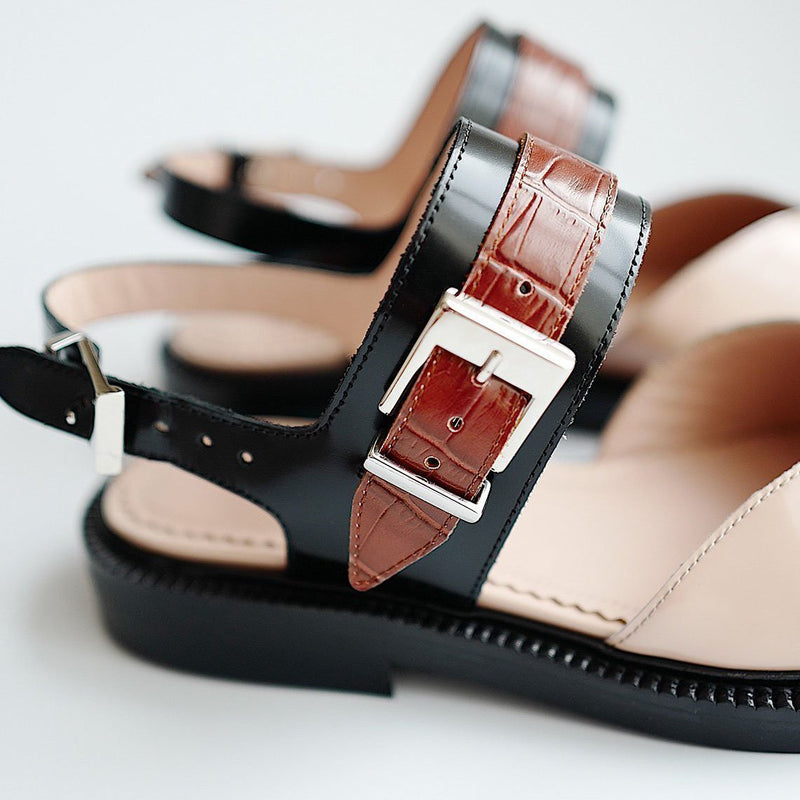 Women Buckle Color Block Sandals Flats