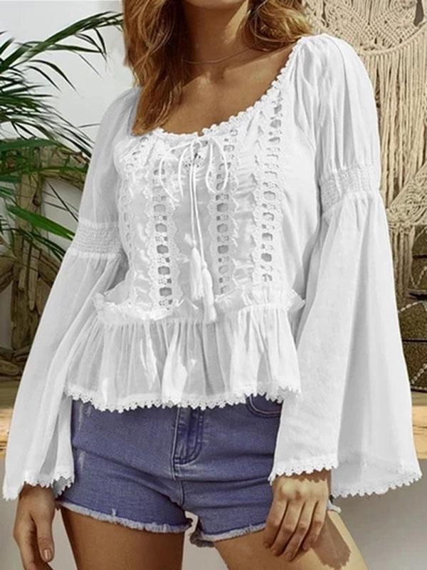 Women Flare sleeve Round Neck Casual Lace Splice Long Sleeve Blouse