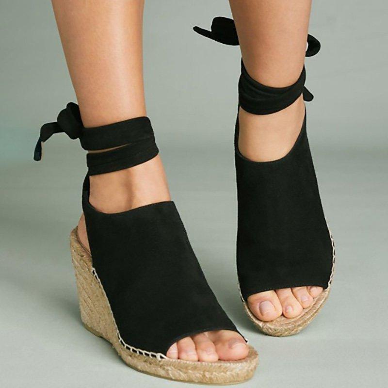 Women Flocking Wedge Sandals Vie Tie Up Shoes