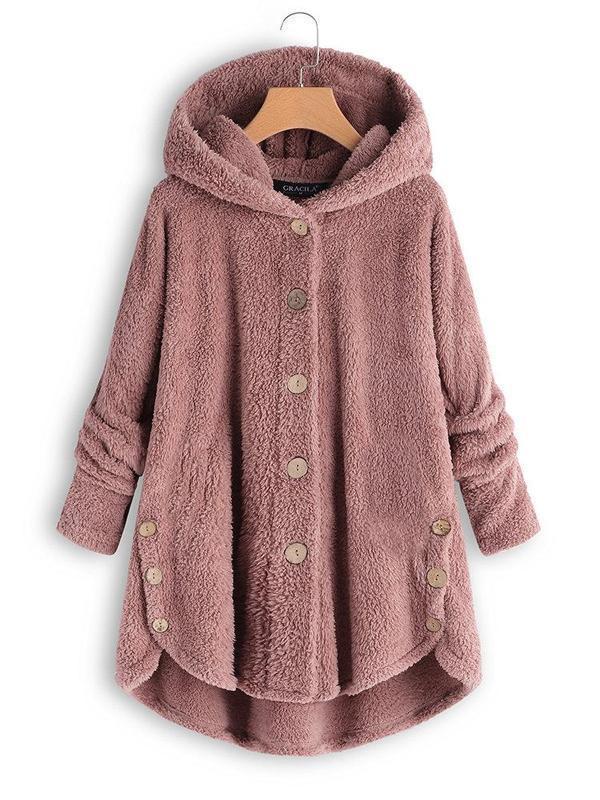 Women Fleece Hooded Asymmetrical Hem Button Coat