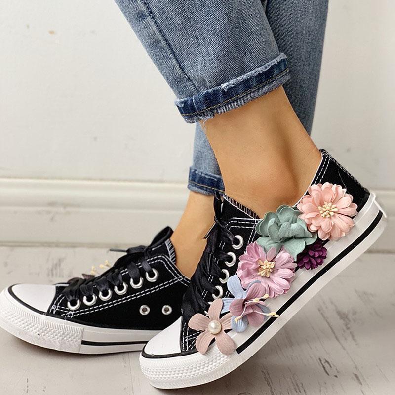 Women Floral Embellished Lace-Up Casual Sneakers