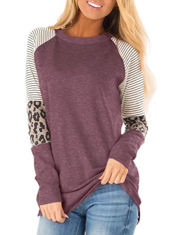 LEOPARD PRINT STRIPED ROUND COLLAR LONG SLEEVE T-SHIRTS