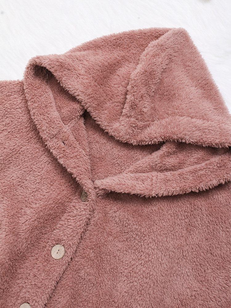 Women Fleece Hooded Asymmetrical Hem Button Coat