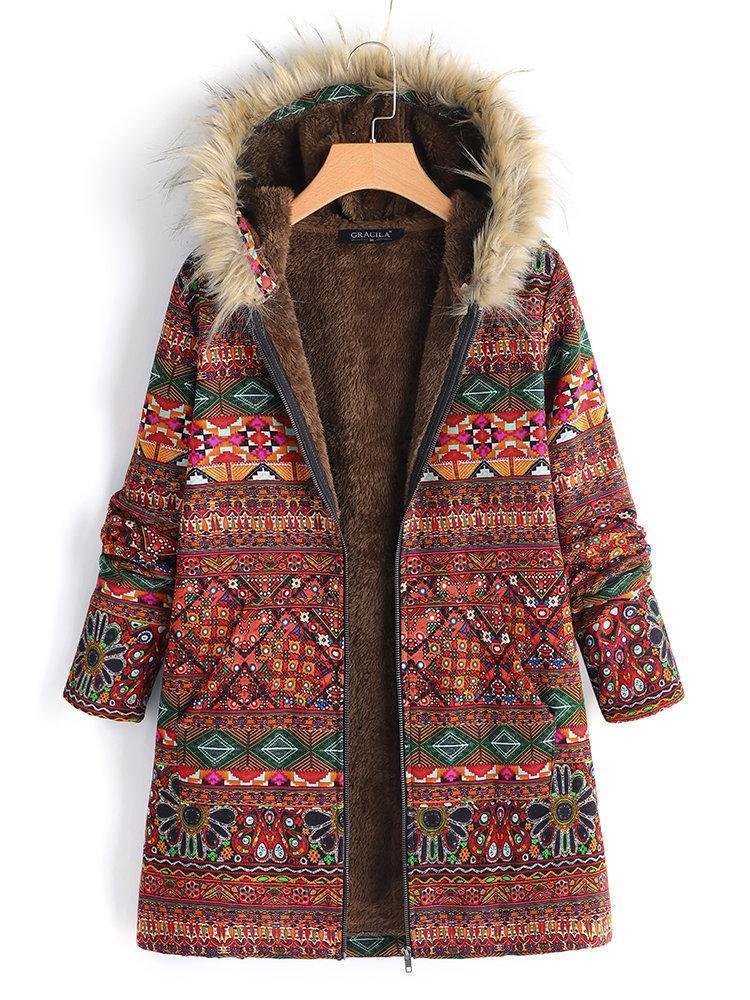 Women Ethnic Printed Faux Fur Hooded Fleece Autumn Winter Coat