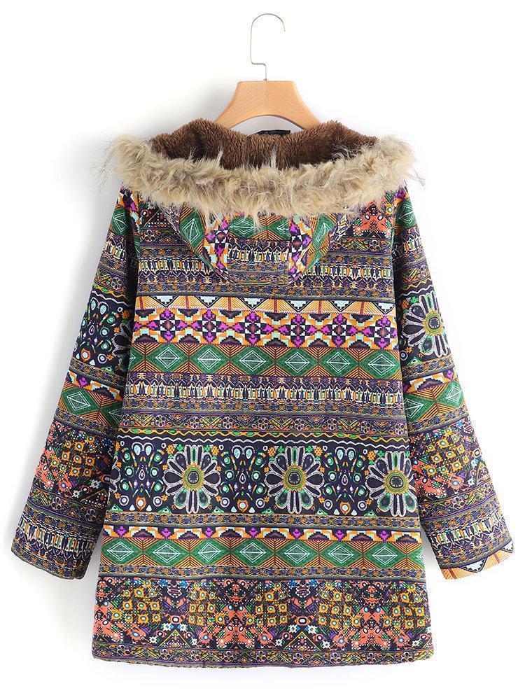 Women Ethnic Printed Faux Fur Hooded Fleece Autumn Winter Coat