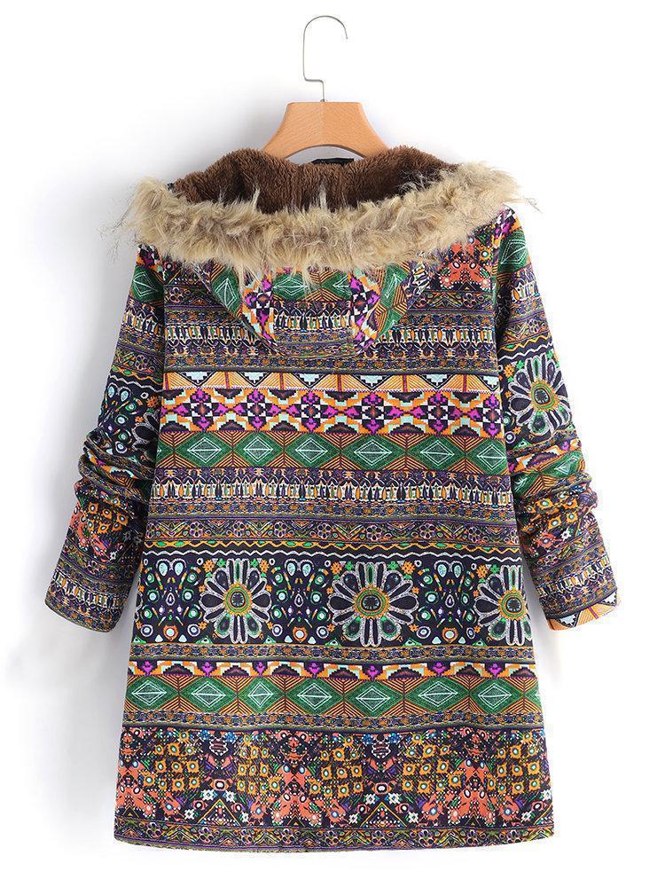 Women Ethnic Printed Faux Fur Hooded Fleece Autumn Winter Coat