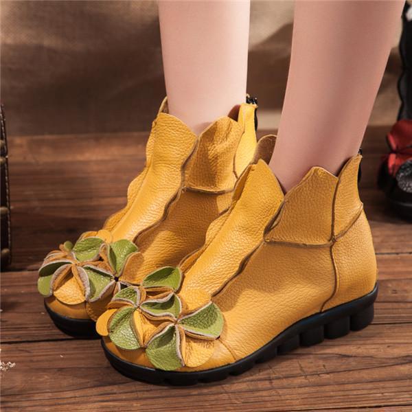 Wo'men Flower Soft Leather Vintage Zipper Flat Ankle Boots