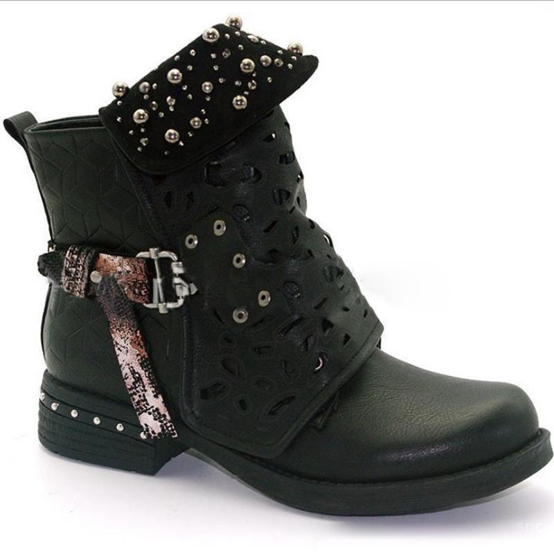 Women Studded Goth Zip Combat Ankle Boots Hollow Carved Tube Buckle Martin Boots